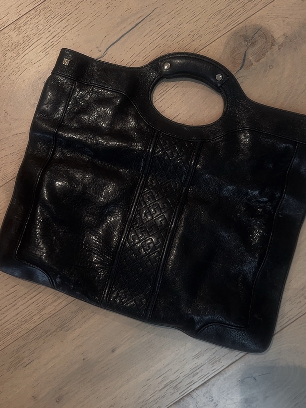 L.A.M.B. Black Leather Tote with Cutout Handles and L Medallion - Picture 2 of 3